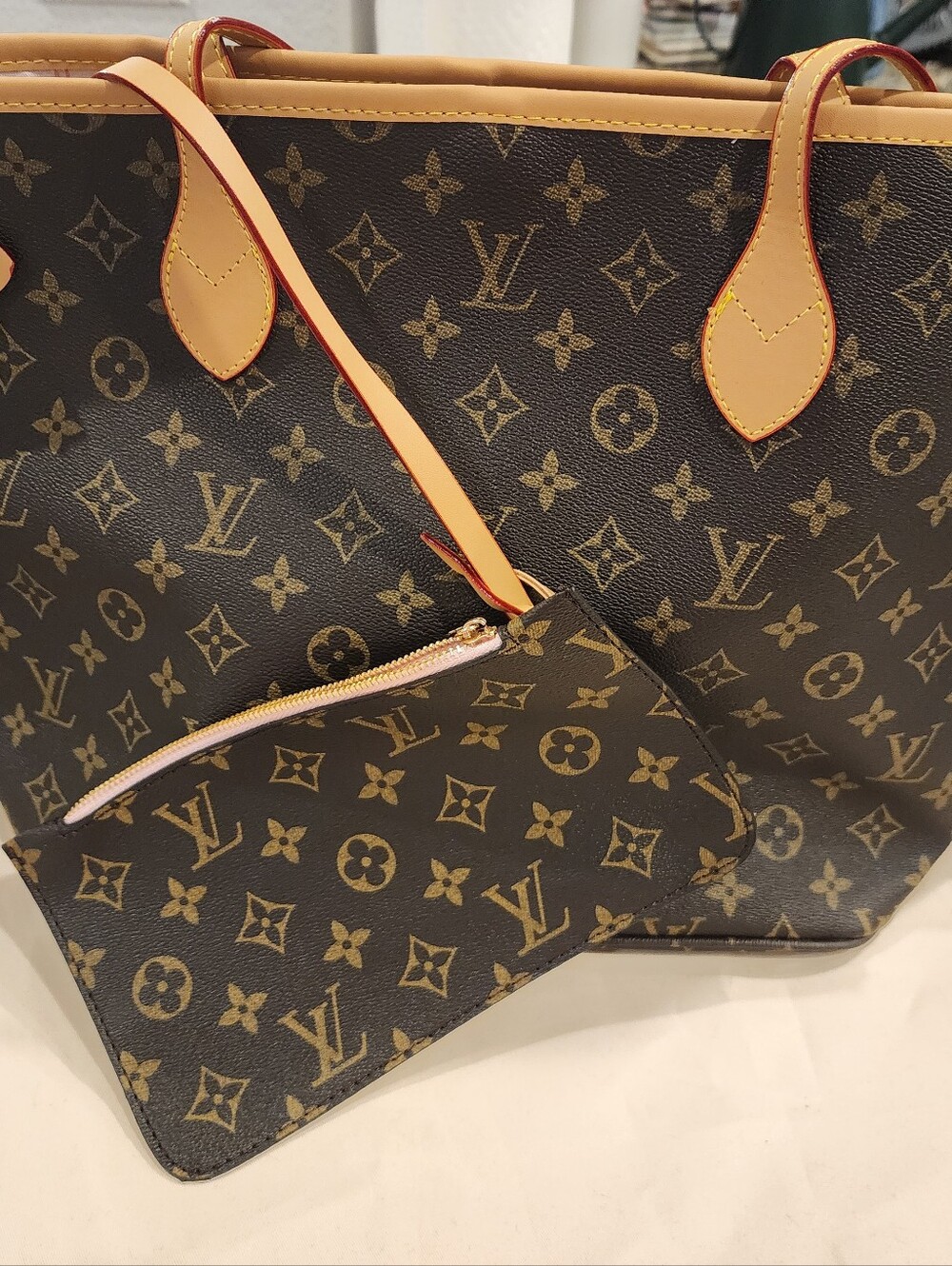 Source Unknown Brown and Tan Monogram Canvas Tote